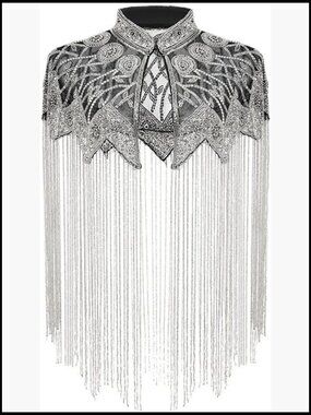 Embellished Silver Fringe Cape Shawl